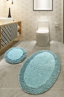Набір бавовняних килимків у ванну кімнату Chilai Home Piante Oval Mint Мʼятний, 60x100 см + 50x60 см ch-piante-blue фото