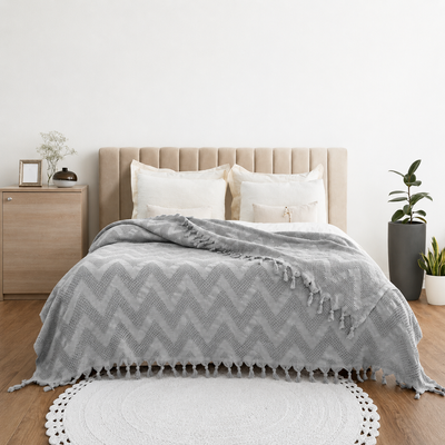 Покривало-плед з бахромою 200x230 Зиг-заг сірий LoveYouHome loveyouhome_ly2323 фото