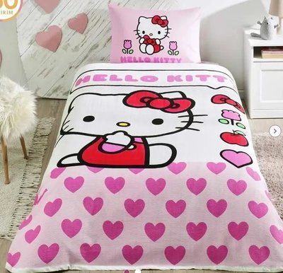 Літній односпальний комплект з покривалом-піке TAC Hello Kitty Love / простирадло на резинці tac_60304714 фото
