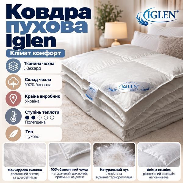 Одеяло пуховое Iglen 100% белый пух Климат комфорт (деми) Евро 200x220 см 800 г p_s_k_200220110W фото