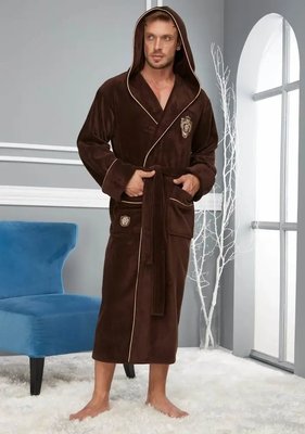 Чоловічий велюровий халат з капюшоном на поясі Nusa NS 2975 kahve довгий 2XL posa015341-2xl фото