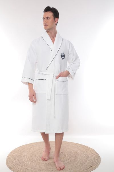 Чоловічий вафельний халат Maison D'or Marine Navy бавовна розмір L (50) Marine White L фото
