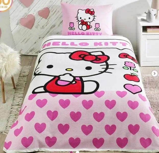 Односпальный комплект с покрывалом-пике TAC Hello Kitty Love / простынь на резинке 60304714 фото