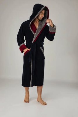 Велюровый халат с капюшоном на поясе Nusa NS 1200 lacivert/kirmizi длинный L/XL posa016951-l/xl фото