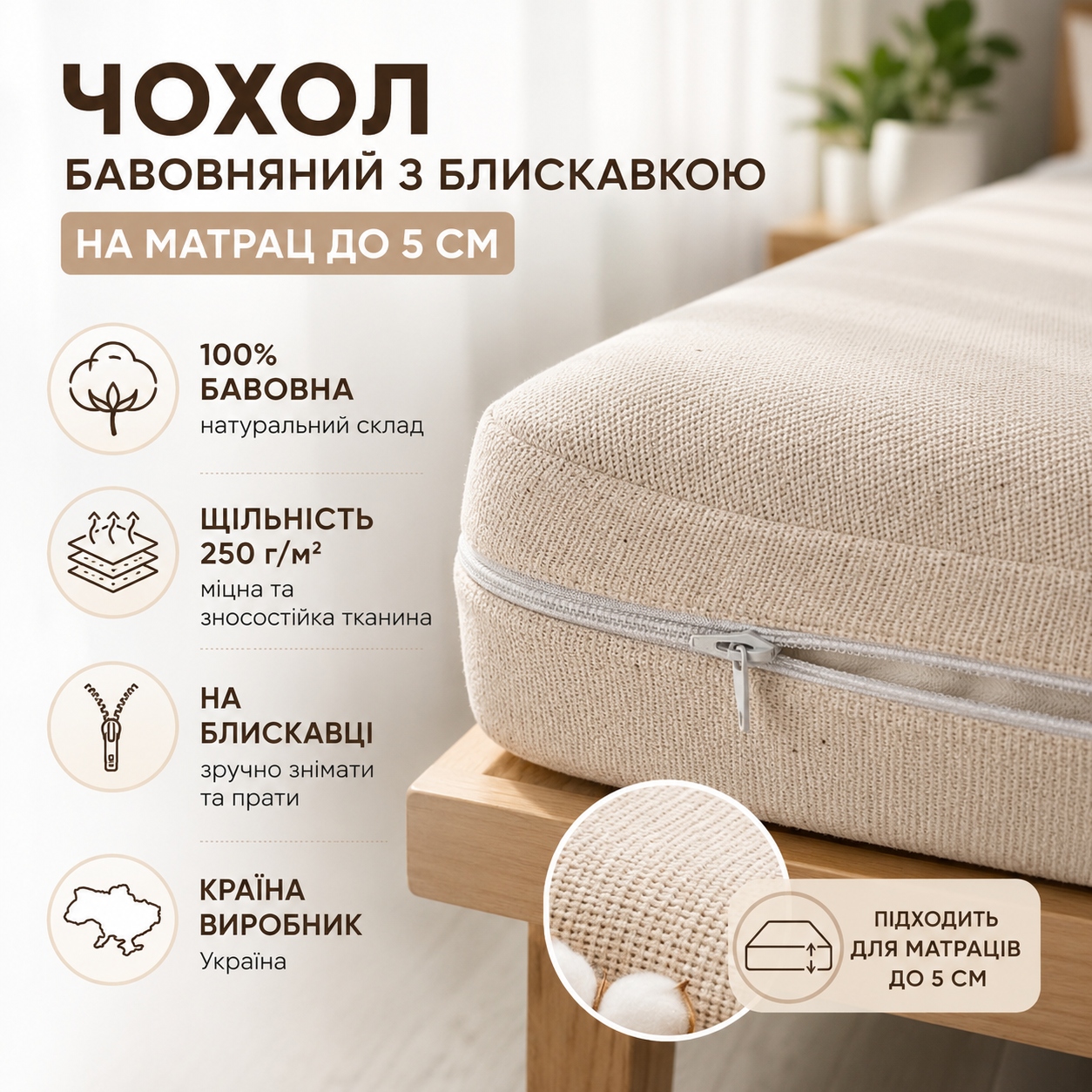 Інфографіка Чохол бавовняний з блискавкою на матрац до 5 см