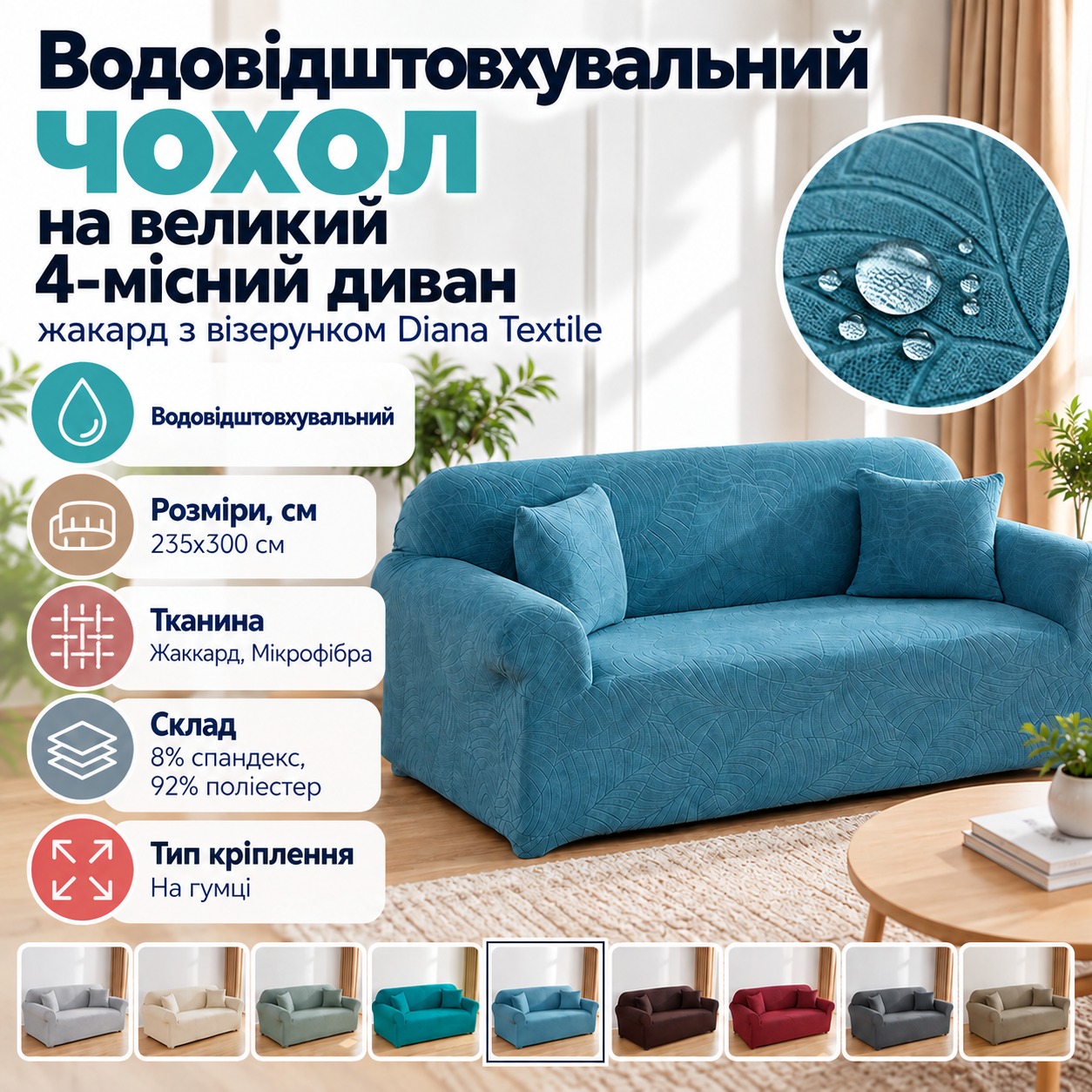 Інфографіка Водовідштовхувальний чохол на великий 4-місний диван жакард з візернком Diana Textile