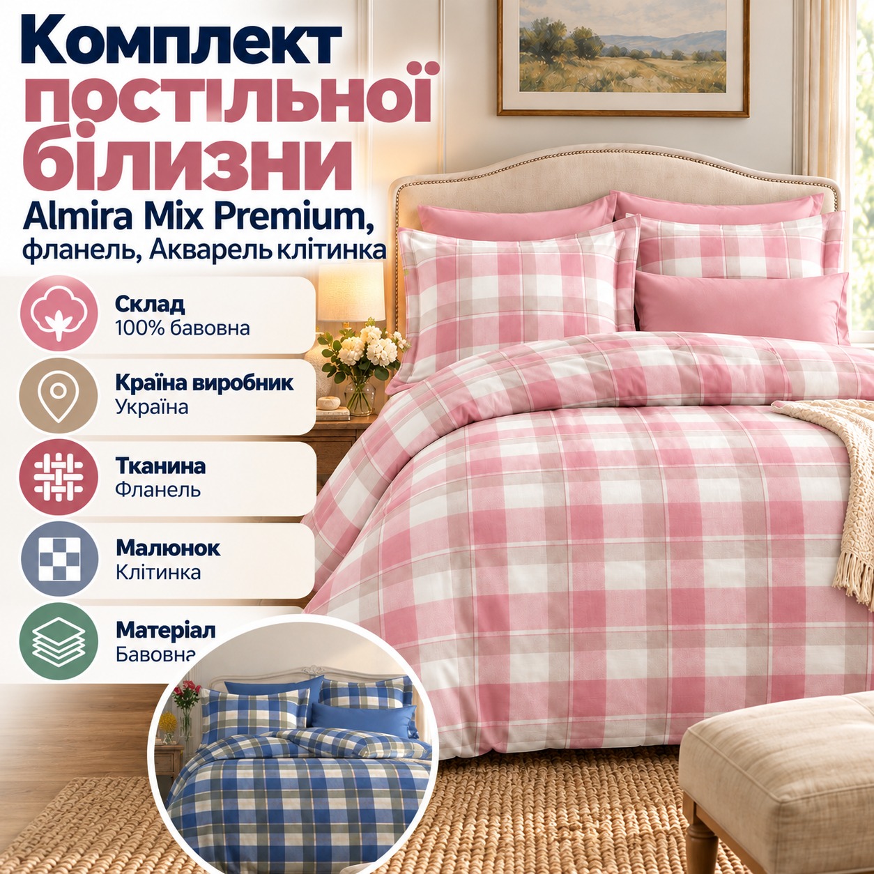 Інфографіка Комплект постільної білизни Almira Mix Premium, фланель, Акварель клітинка