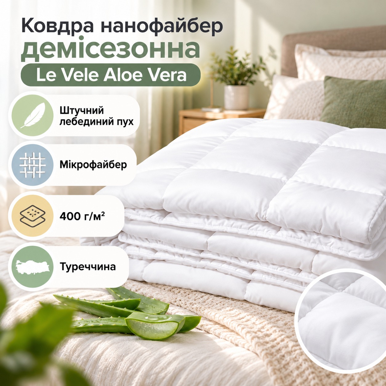 Інфографіка Ковдра нанофайбер демісезонна Le Vele Aloe Vera