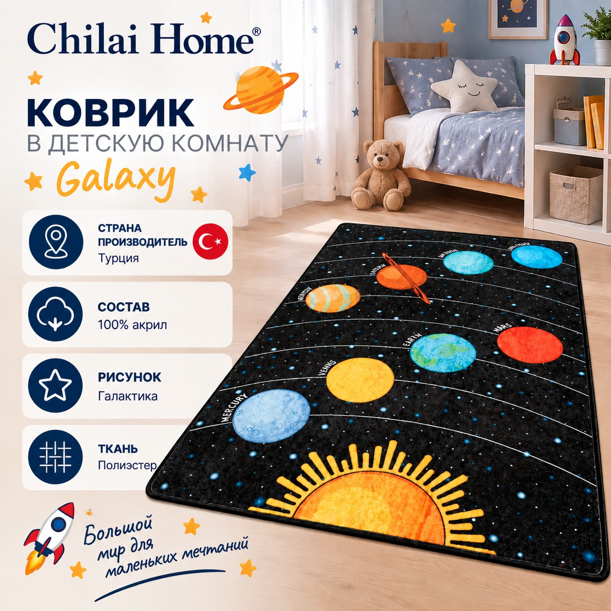 Инфографика Коврик в детскую комнату Chilai Home Galaxy Космос Галактика, Черный, 100x160 см