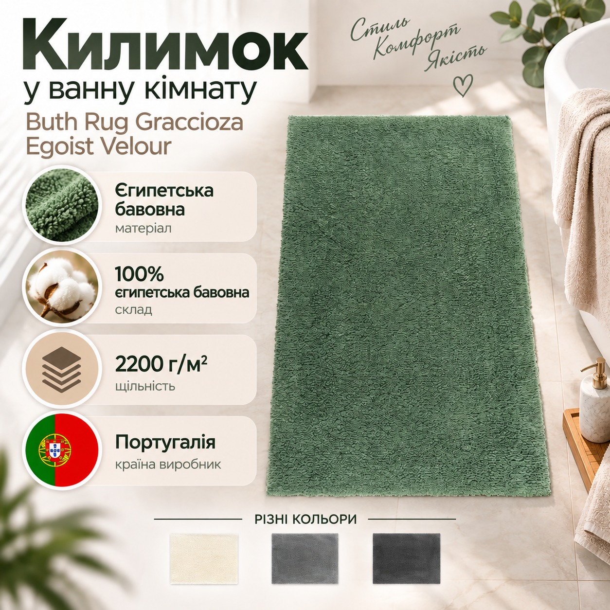 Інфографіка Килимок у ванну кімнату Buth Rug Graccioza Egoist Velour єгипетська бавовна