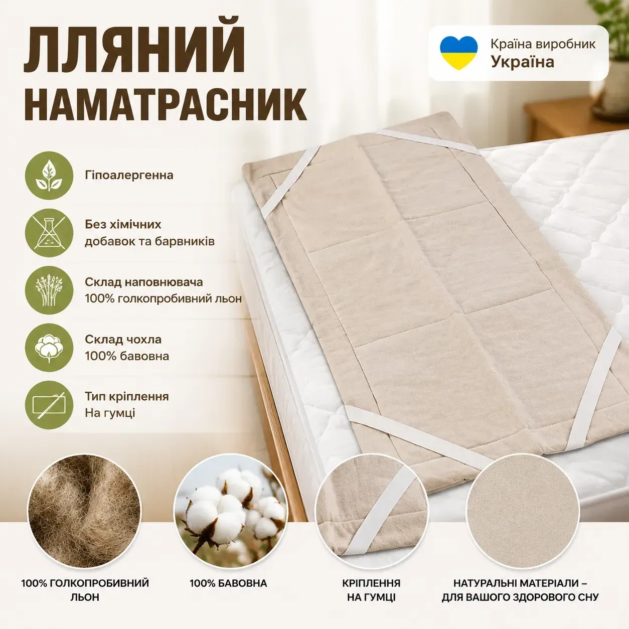 Інфографіка Лляний наматрацник з гумкою по кутах