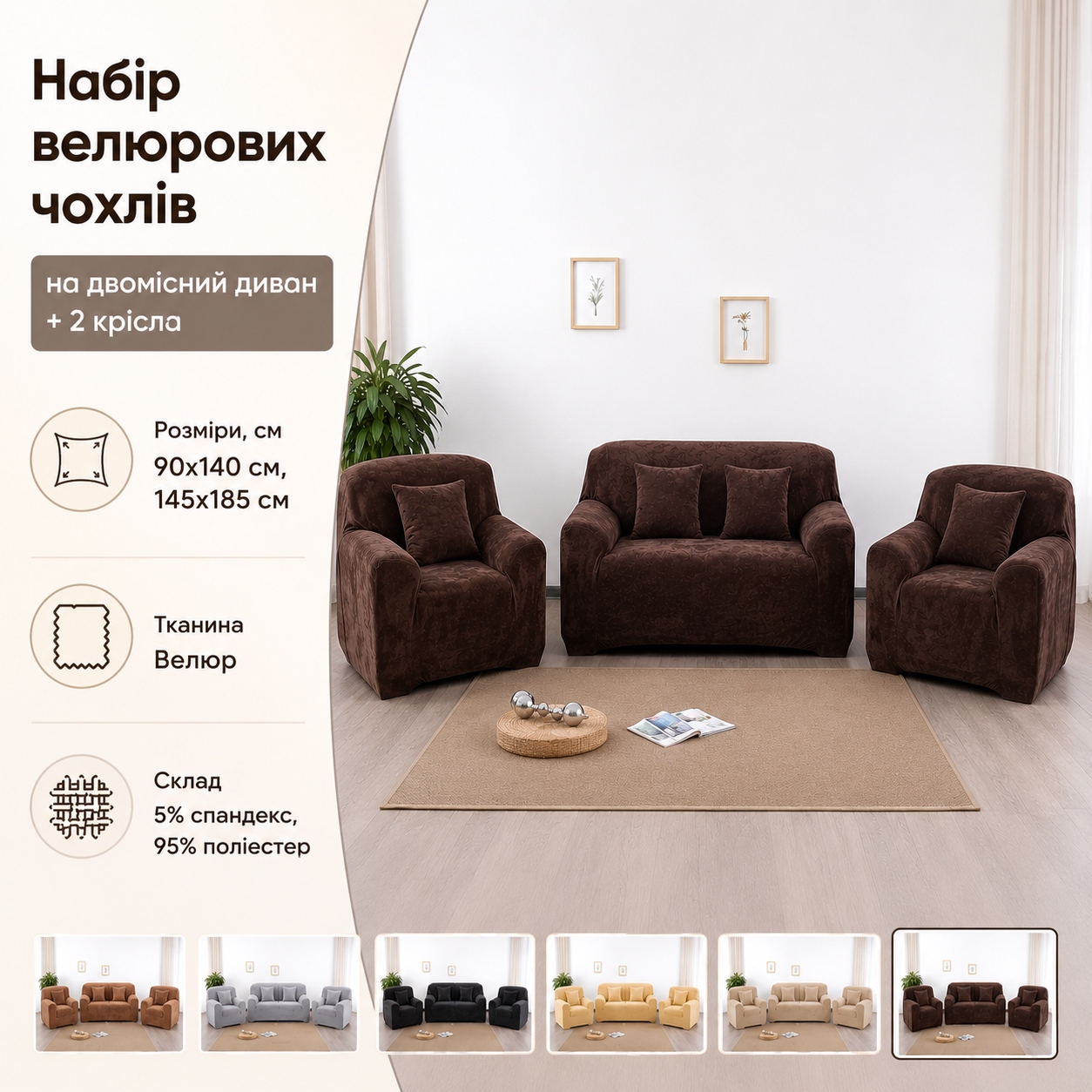 Інфографіка Набір велюрових чохлів на двомісний диван + 2 крісла Diana Textile