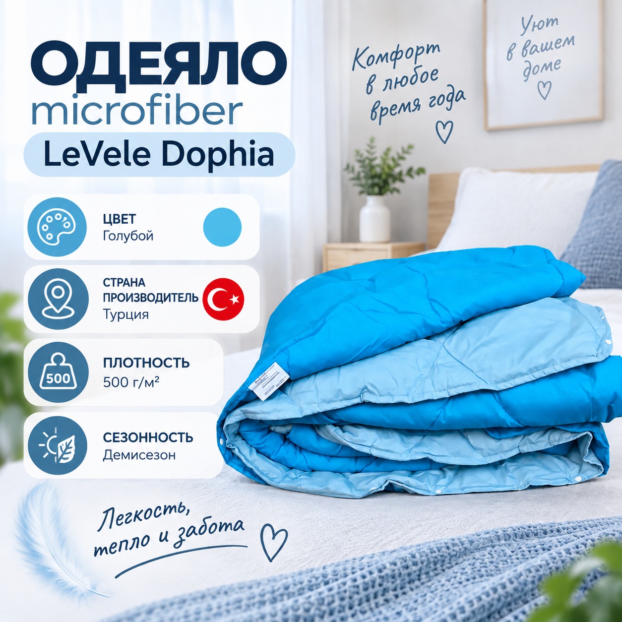 Инфографика Одеяло microfiber LeVele Dophia 250+250 GR 195x215 BLUE