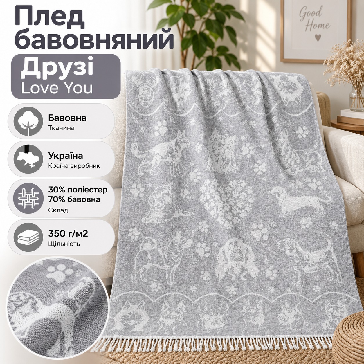 Інфографіка Плед бавовняний Друзі Love You, Сірий, 140x200 см