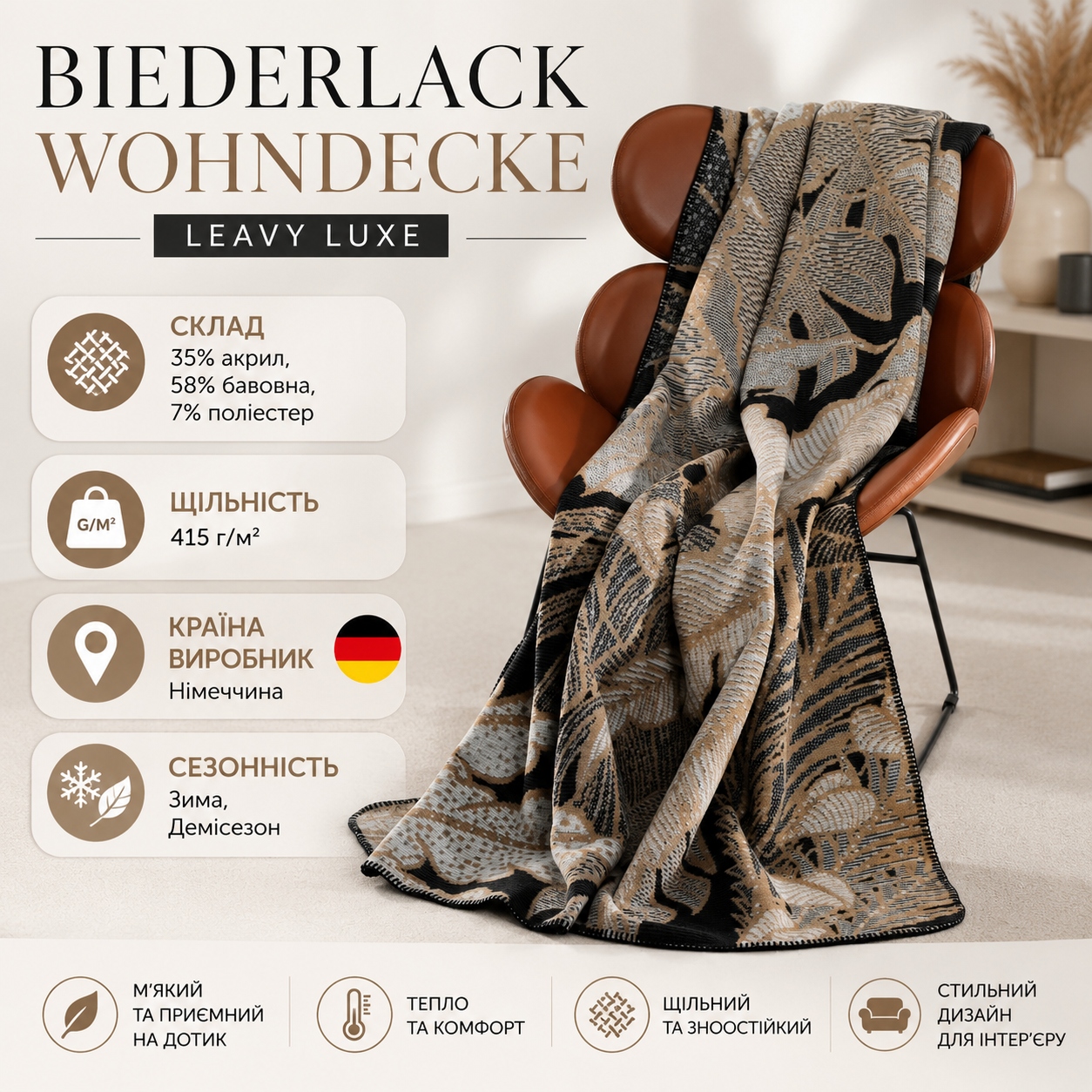 Інфографіка Плед Biederlack Wohndecke Leavy Luxe