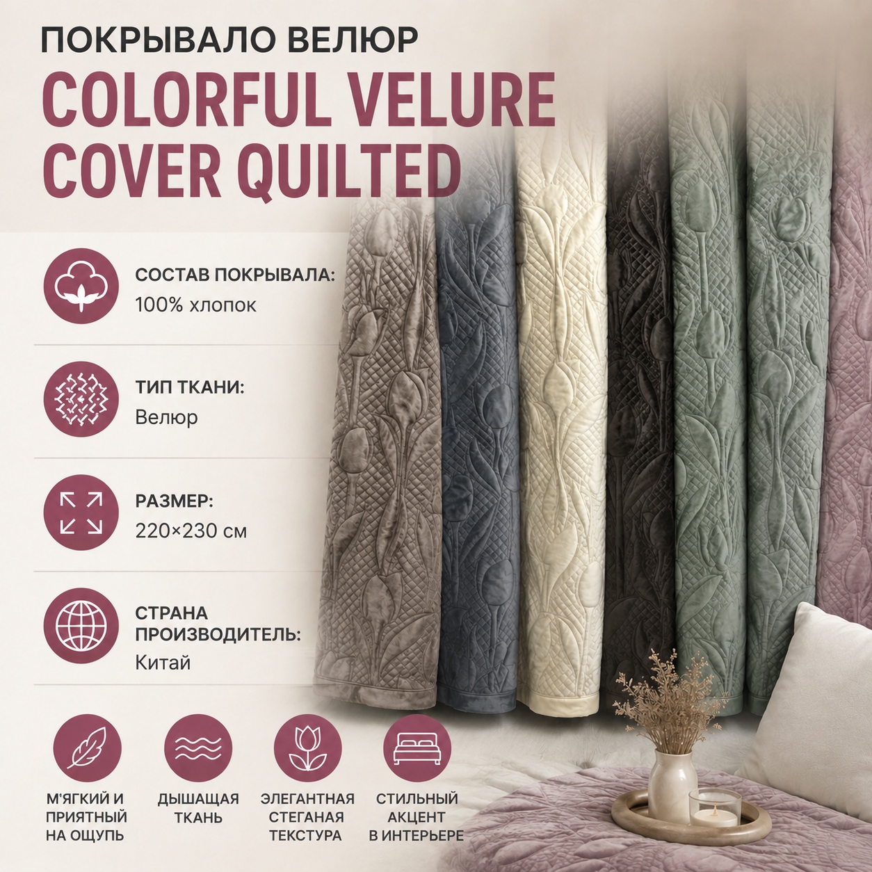 Инфографика Покрывало велюр COLORFUL VELURE COVER QUILTED принт цветы