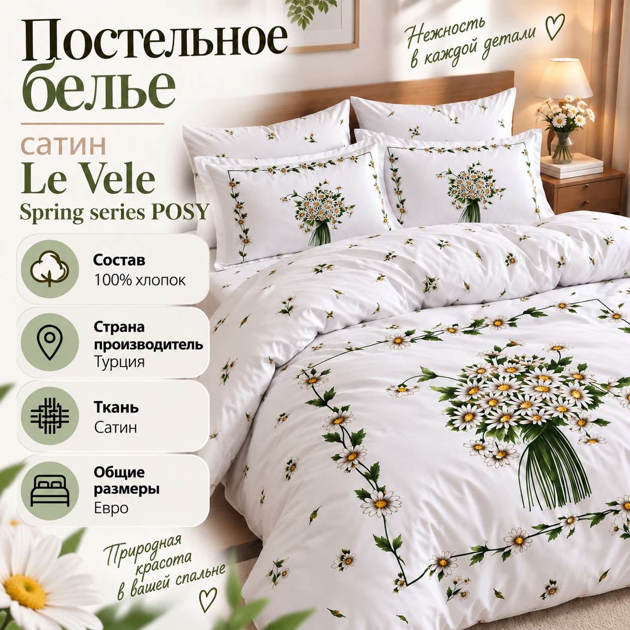 Инфографика Постельное белье сатин Le Vele Spring series POSY Евро Ассорти 200x220 см