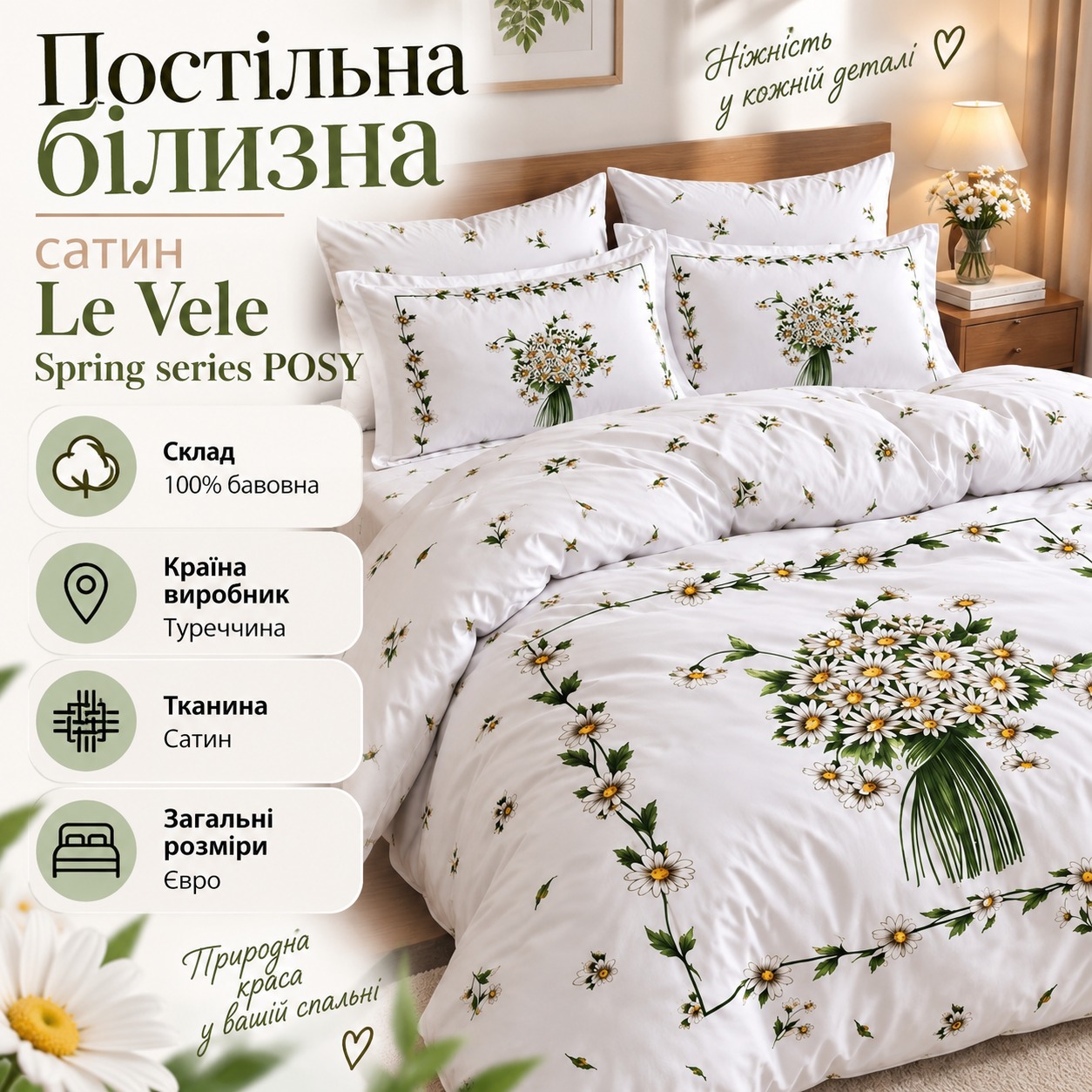 Інфографіка Постільна білизна сатин Le Vele Spring series POSY Євро Різнокольоровий 200x220 см