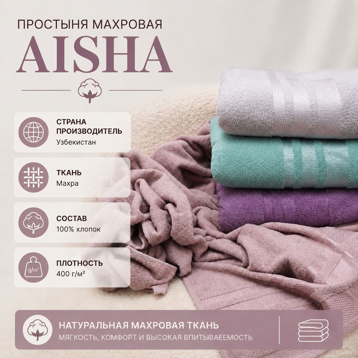 Инфографика Простынь махровая Aisha