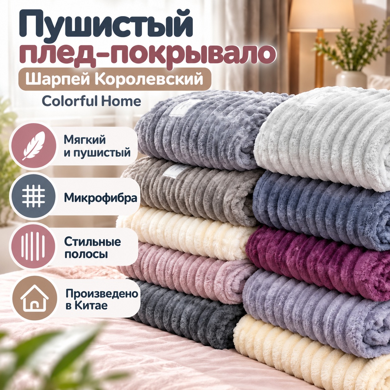 Инфографика Пушистый плед-покрывало Шарпей Королевский Colorful Home
