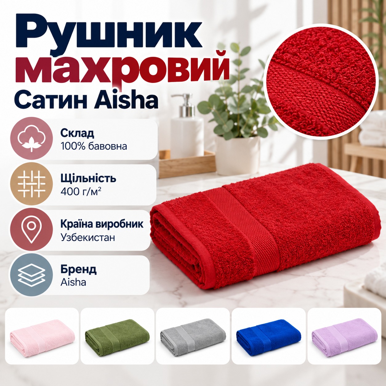 Інфографіка Рушник махровий Сатин Aisha 400 г/м2