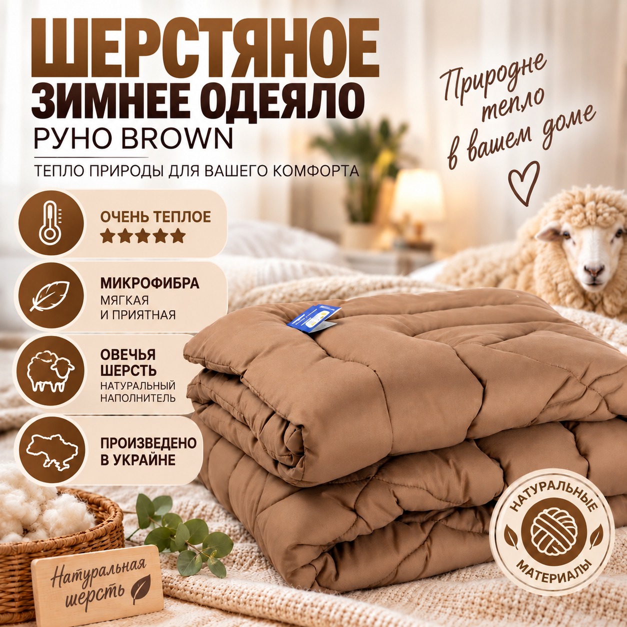 Инфографика Шерстяное зимнее одеяло Руно Brown, Коричневый