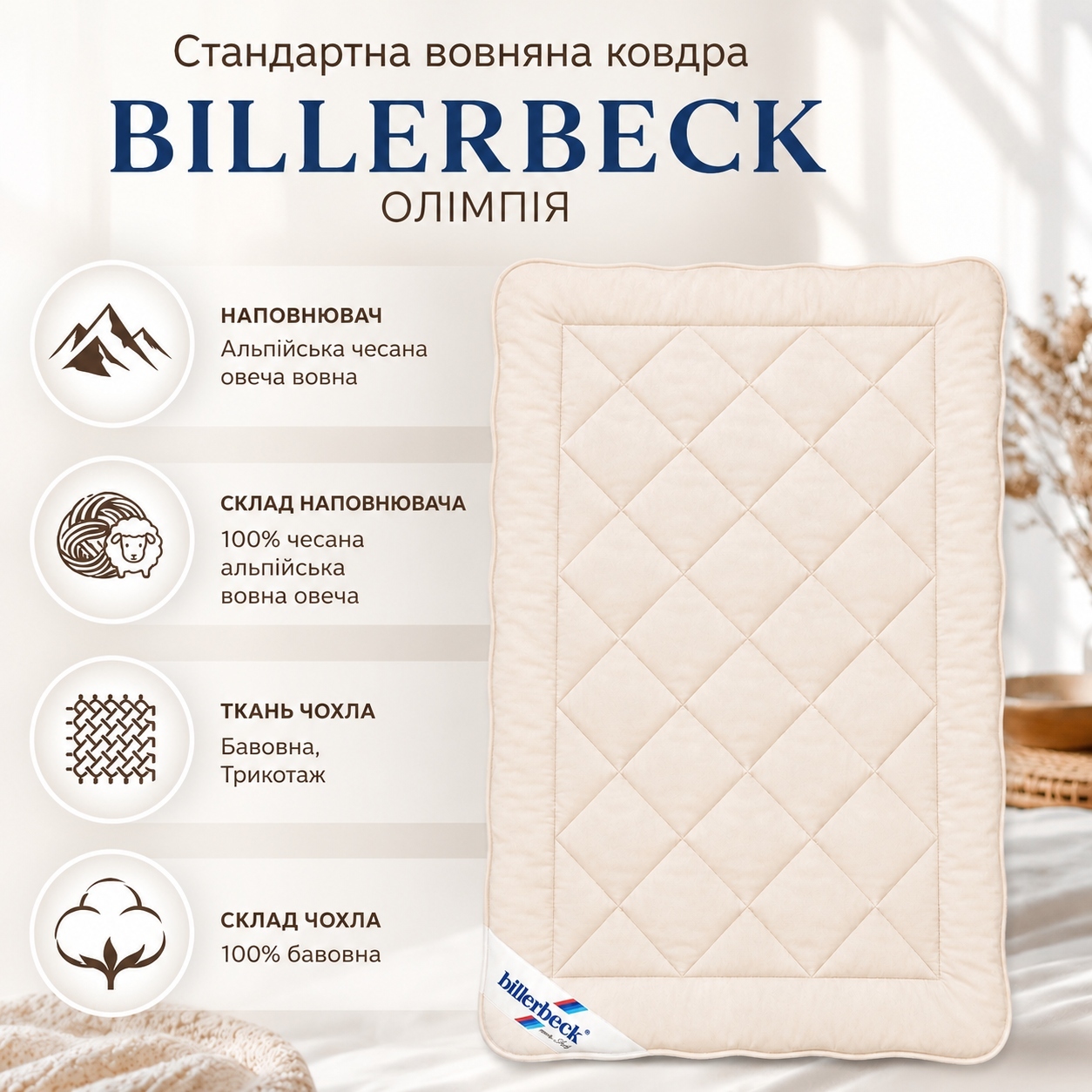 Інфографіка Стандартна вовняна ковдра Billerbeck Олімпія