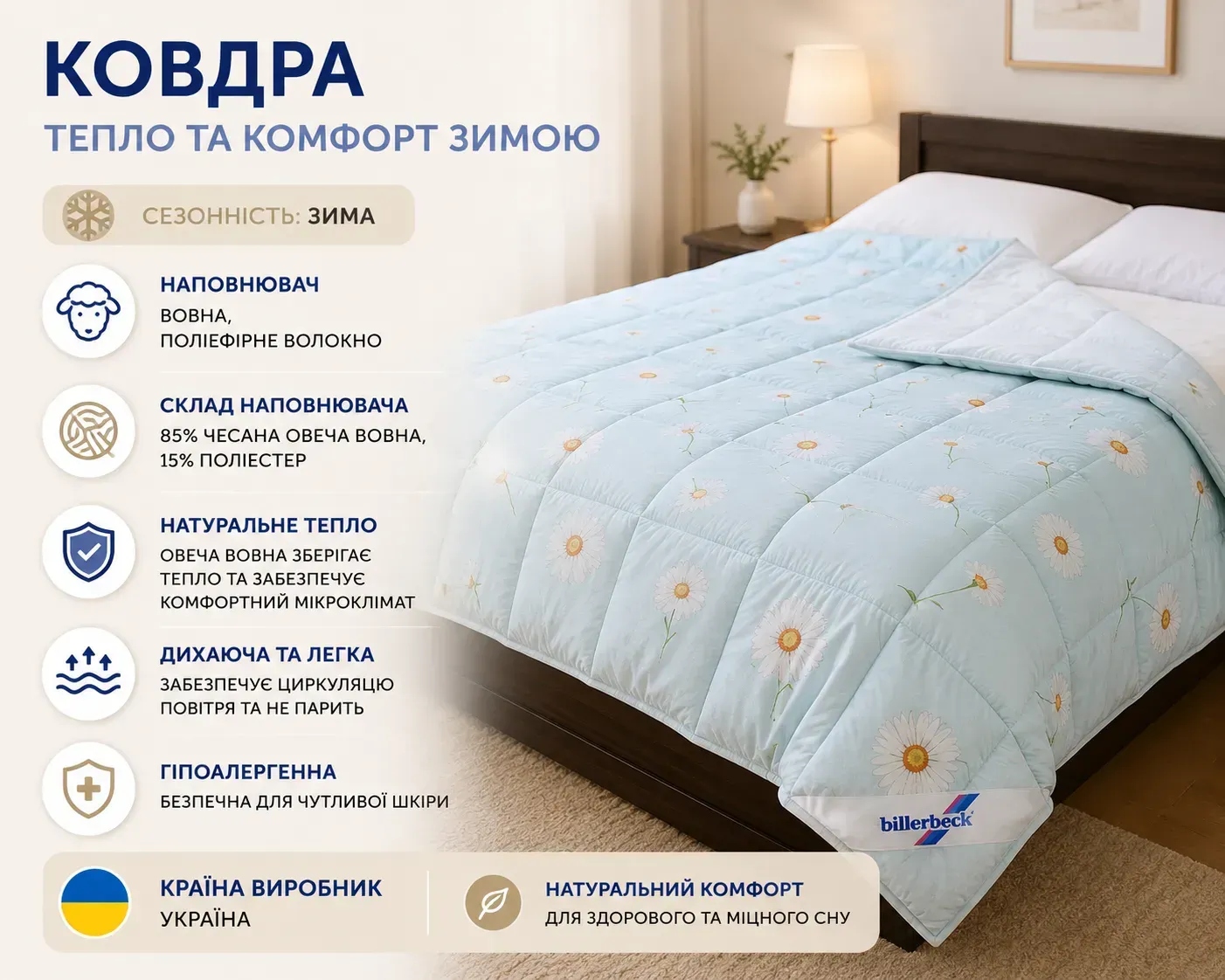 Інфографіка Тепла зимова ковдра Люкс Billerbeck вовняна