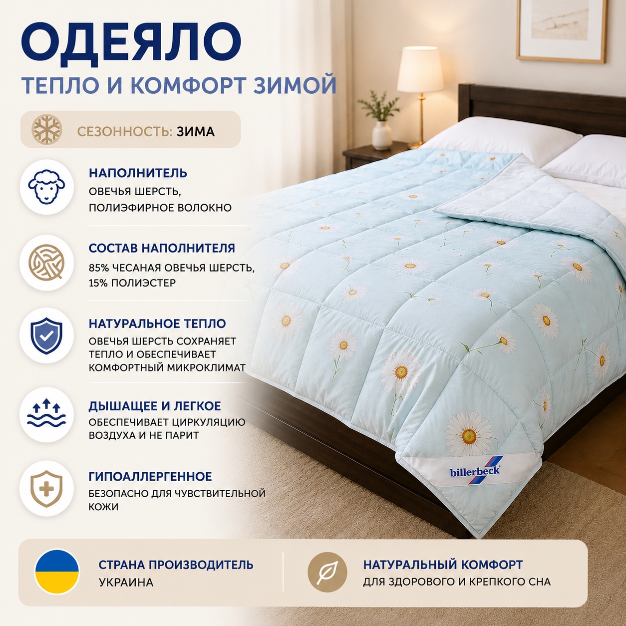 Инфографика Теплое зимнее одеяло Люкс Billerbeck шерстяное
