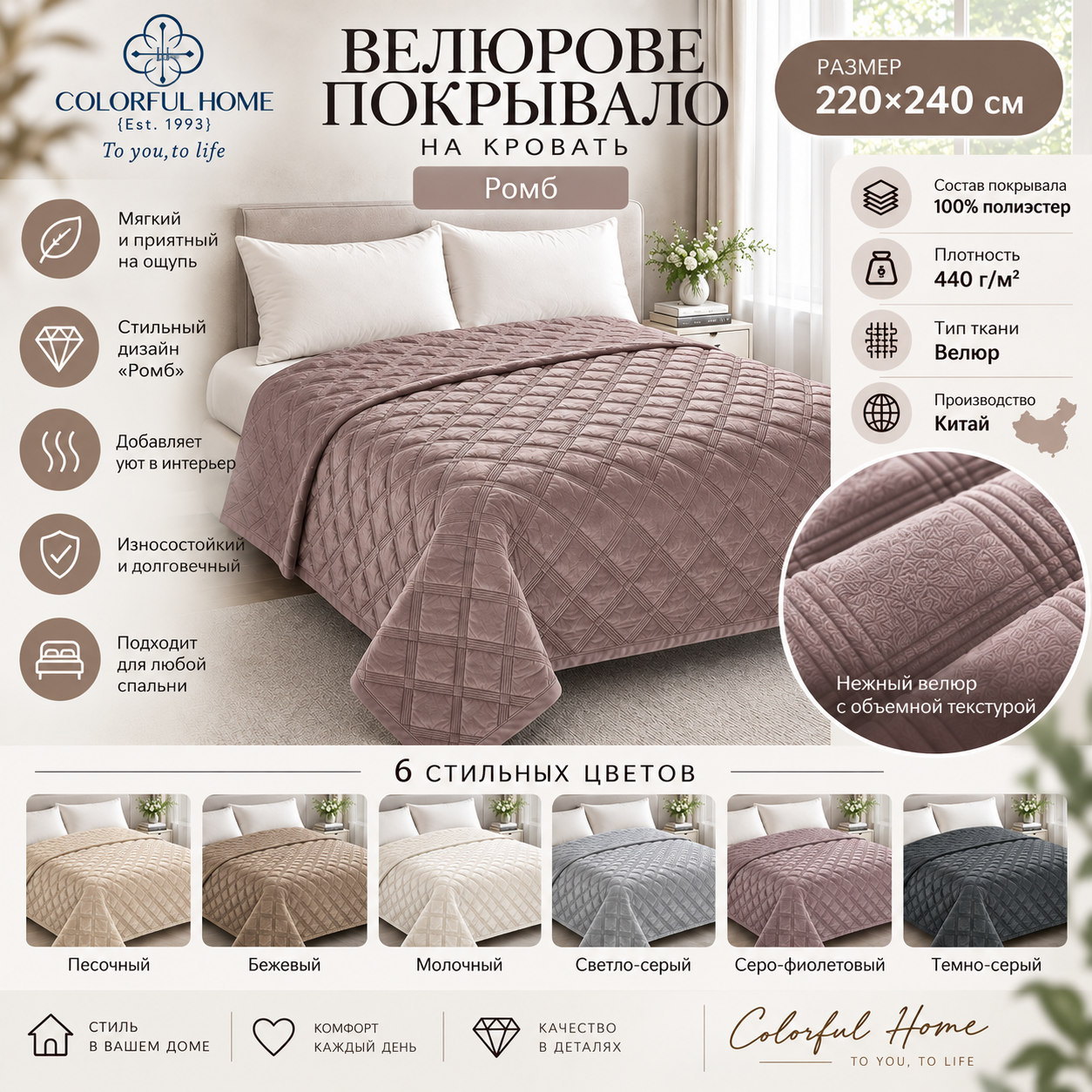 Велюровое покрывало Colorful Ромб 220x240 см