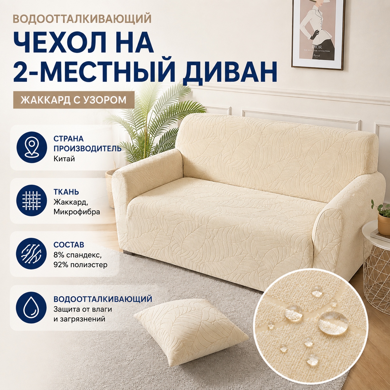 Инфографика Водоотталкивающий чехол на 2-местный диван Жаккард с узором