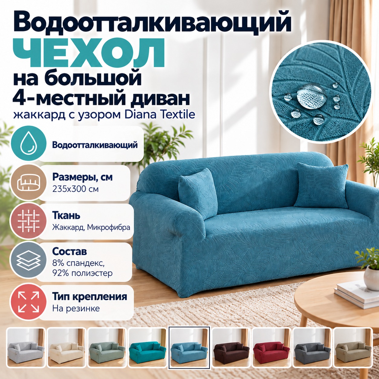 Инфографика Водоотталкивающий чехол на большой 4-местный диван жаккард с узором Diana Textile
