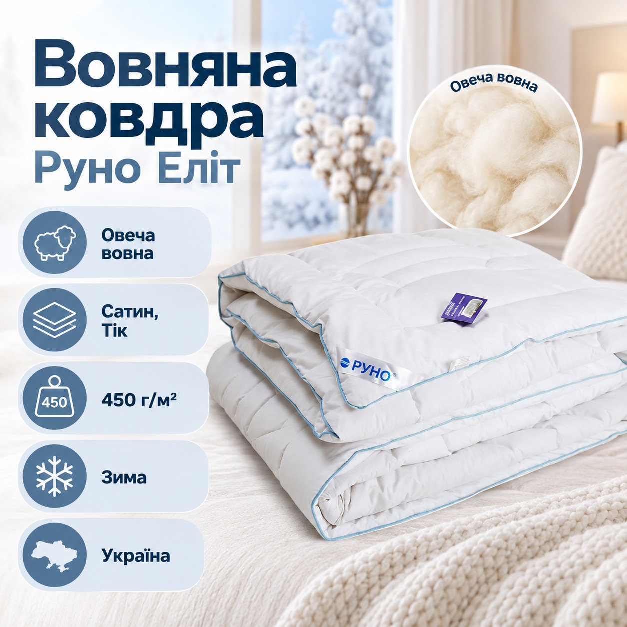 Інфографіка Вовняна зимова ковдра Руно Еліт, Білий