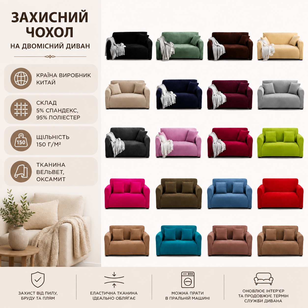 Інфографіка Захисний чохол на двомісний диван Велюровий Diana Textile Plush Velvet 145-185 см