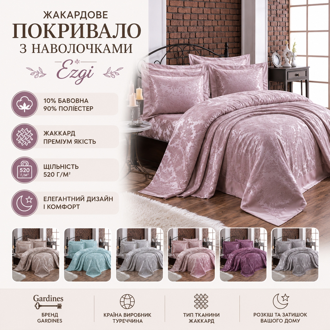 Інфографіка Жакардове покривало з наволочками Gardines Ezgi